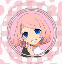 a girl with pink hair and blue eyes is in a pink circle