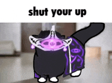 a black cat wearing a purple cape is standing in a room with the words `` shut your up '' .