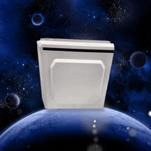 a white box is sitting on top of a planet in space