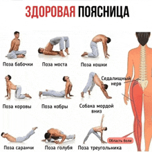 a poster showing a man doing various yoga poses with russian writing