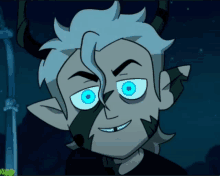 a cartoon character with horns and blue eyes looks at the camera