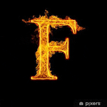 the letter f is made of fire on a black background .