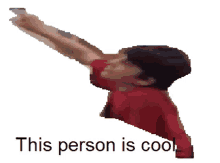 a man in a red shirt is flying in the air with the words " this person is cool " below him