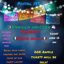 a flyer for vanilla unicorn latin night