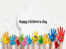 a group of children 's hands painted in different colors with the words happy children 's day above them