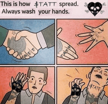 a cartoon of a man shaking hands with another man with tattoos on his hands