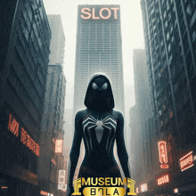 a woman in a spiderman costume is standing in front of a slot sign