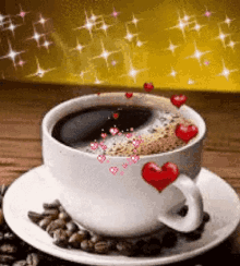 a cup of coffee with hearts on it on a saucer on a table .