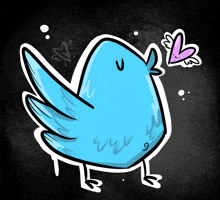 a cartoon drawing of a blue bird with a pink heart on its head