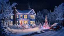 a christmas scene with a house decorated with lights and a christmas tree