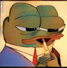 a cartoon of a frog in a suit and tie lighting a cigarette