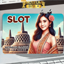 a woman with a flower in her hair stands in front of a screen that says slot