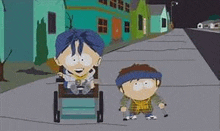 two cartoon characters are standing next to each other on a sidewalk . one of the characters is in a wheelchair .