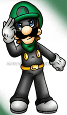 a cartoon of mario wearing a green hat and black pants