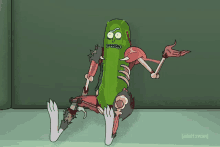 pickle rick from rick and morty is sitting on a skateboard