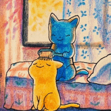 a blue cat is brushing another cat 's hair