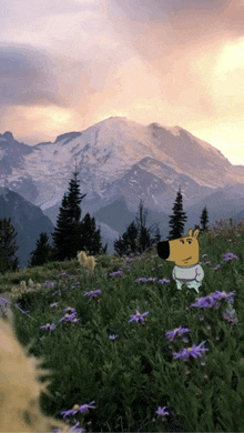 a cartoon character stands in a field of purple flowers with mountains in the background