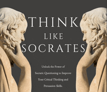 a poster that says think like socrates with two statues on it