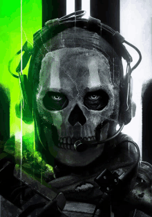 a skull wearing headphones and a microphone with a green background