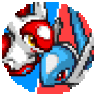 a pixel art of a red , white , and blue circle with a clown in the middle .