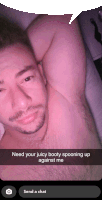 a snapchat of a shirtless man with the caption need your juicy booty spooning up