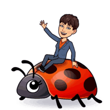 a cartoon of a ladybug with a man sitting on it