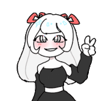 a drawing of a girl in a black dress giving the peace sign