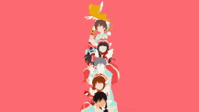 a group of anime characters are stacked on top of each other on a red background