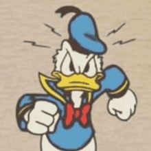 donald duck is wearing a blue hat and a bow tie and is making a fist .