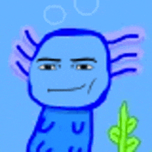 a cartoon of a blue axolotl with bubbles coming out of its mouth .