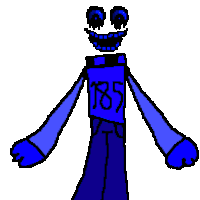 a pixel art drawing of a blue cartoon character with a big smile on his face and arms .