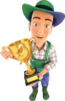 a cartoon of a man holding a trophy with a leaf on it