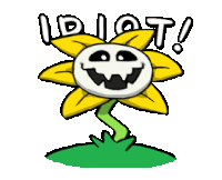 a cartoon drawing of a yellow flower with a skull face and the words idiot !