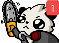 a cartoon panda bear holding a chainsaw with a red square with the number 1