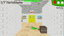 a computer screen shows a hallway with a yellow door and an exit sign