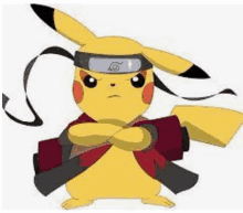 a pikachu is wearing a headband and holding a sword .