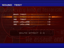 a video game menu with options such as save type audio save load sound test movie test vibration continue and arcade game level