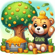 a teddy bear wearing a givr shirt sits in front of a tree of money