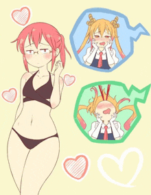 a drawing of a girl in a bikini surrounded by hearts and speech bubbles