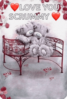 two teddy bears sitting on a bench with the words " love you scrumpy "