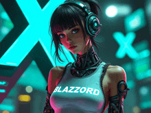 a girl wearing headphones and a shirt that says blazzord