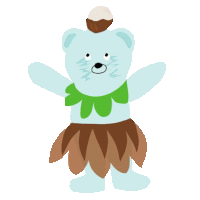 a blue teddy bear wearing a brown skirt and a coconut on his head