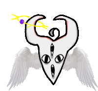 a drawing of a devil with wings and a purple sphere in the background