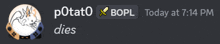 a screenshot of a chat that says potato bopl today at 7:14 pm