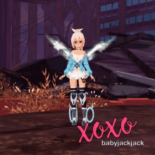 a girl with wings is standing in front of a sign that says " xoxo babyjackjack "