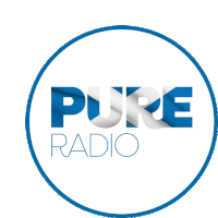 a blue and white logo for pure radio in a blue circle