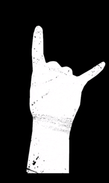 a black and white silhouette of a hand making a horns sign .