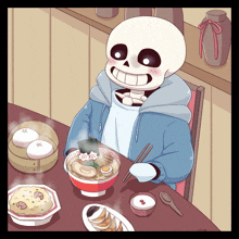 a skeleton is sitting at a table eating ramen with chopsticks