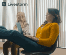 a woman sits in a chair with her legs crossed and a livestorm logo on the bottom