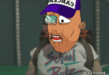 a cartoon character wearing a purple hat and a school rule shirt